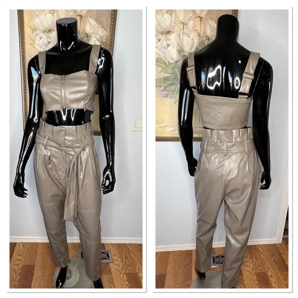 Capsulle 2 pc Faux Leather Crop Top & Pant Set Sz M in Gray NWT